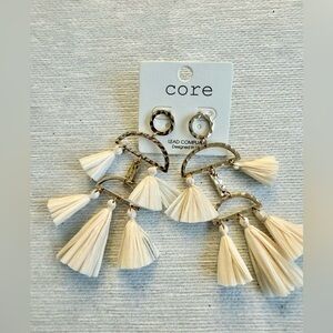 Core Hammered Gold & Ivory Raffia Tassel Chandelier Earrings